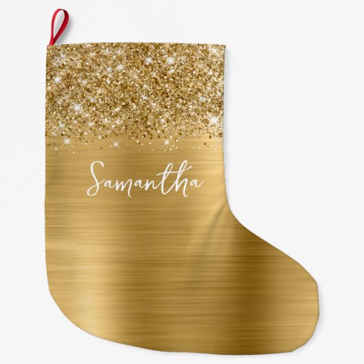 Glittery Gold Glam Name Großer Weihnachtsstrumpf (Vorderseite)