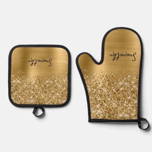 Glittery Gold Glam Name Ofenhandschuh & Topflappen-Set (Vorderseite)