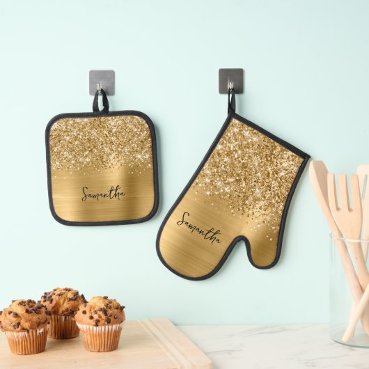Glittery Gold Glam Name Ofenhandschuh & Topflappen-Set (Insitu (Hängend))