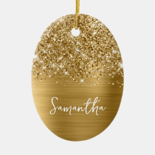 Glittery Gold Glam Name Oval Foto Keramik Ornament (Vorne)