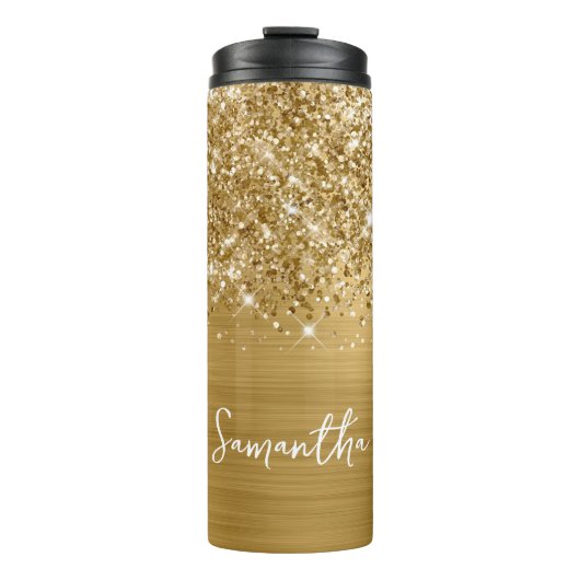 Glittery Gold Glam Personalisierter Name Thermosbecher (Vorderseite)