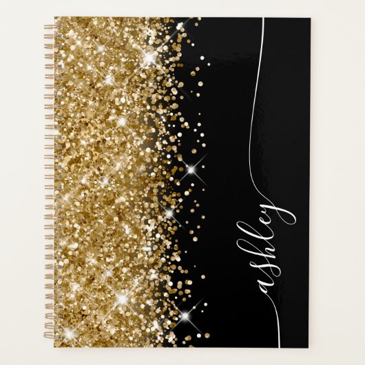 Glittery Gold Glam Schwarz und Weiß Elegantes Skri Planer (Vorderseite)