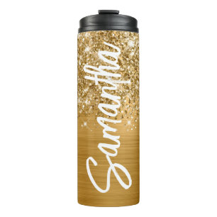 Glittery Gold Glam Vertikaler Name Personalisiert Thermosbecher
