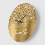 Glittery Gold Glam White Script Name Große Wanduhr (Winkel)