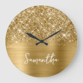 Glittery Gold Glam White Script Name Große Wanduhr (Vorderseite)