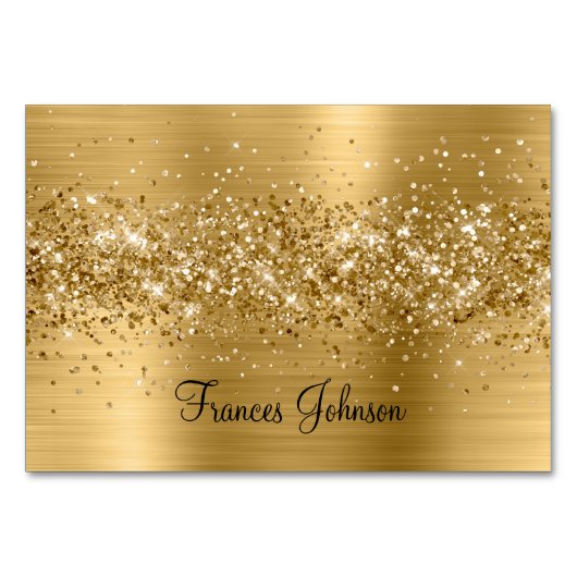 Glittery Gold Horizontale Name Platzkarten Tischnummer (Vorderseite)