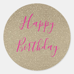 Glittery Gold Hot Pink Happy Birthday Classic Runder Aufkleber