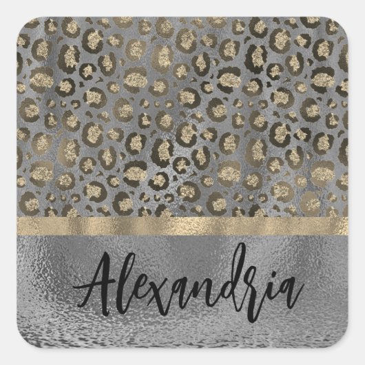 Glittery Gold Leopard Print on Grau Personalisiert Quadratischer Aufkleber (Vorderseite)