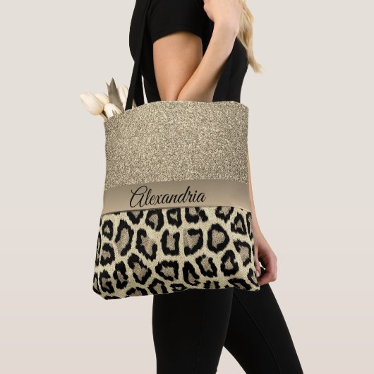 Glittery Gold Leopard Print Personalisiert Tasche (Von Nahem)