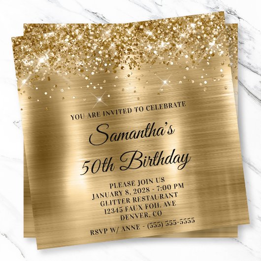 Glittery Gold Metallic Foil Look 50. Geburtstag Einladung