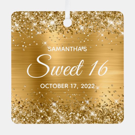Glittery Gold Ombre Foil Sweet 16 Ornament Aus Metall (Vorderseite)