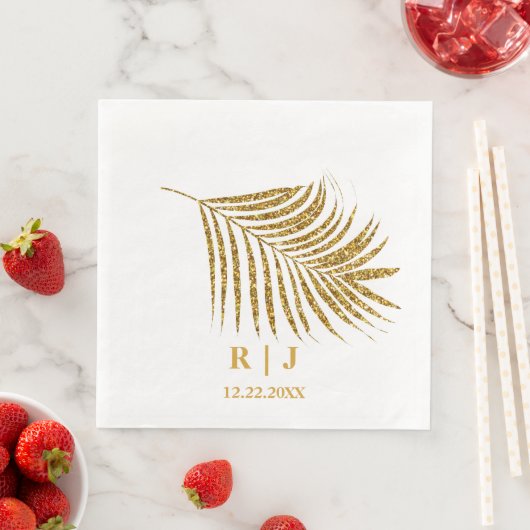 Glittery Gold Palm Leaf Monogram Name Wedding Serviette (Beispiel)