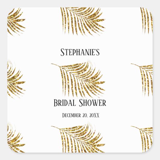 Glittery Gold Palm Tree Leaf Wedding Brautparty Quadratischer Aufkleber (Vorderseite)