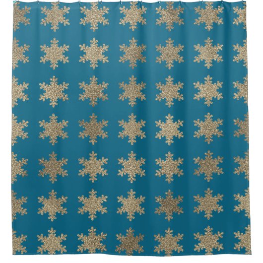Glittery Gold Snowflake Muster Deep Ocean Blue Duschvorhang (Vorderseite)