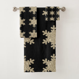Glittery Gold Snowflakes Patterns Black Niedlich 2 Badhandtuch Set