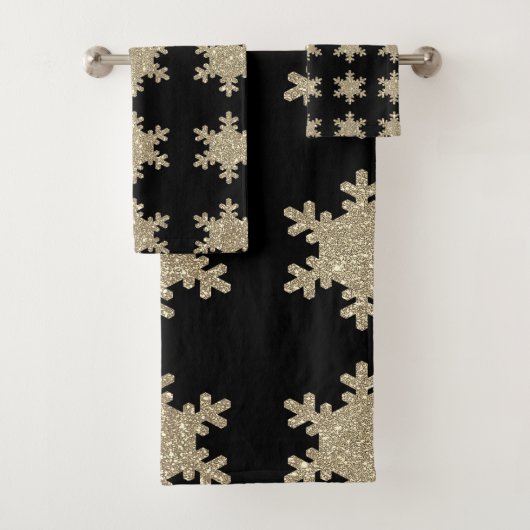 Glittery Gold Snowflakes Patterns Black Niedlich 2 Badhandtuch Set (Insitu)