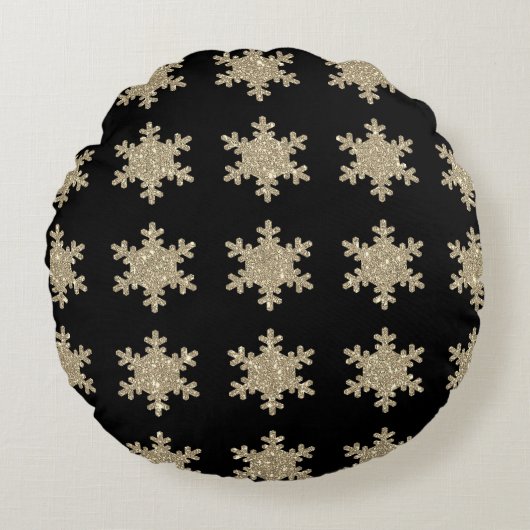 Glittery Gold Snowflakes Patterns Black Niedlich 2 Rundes Kissen (Vorderseite)