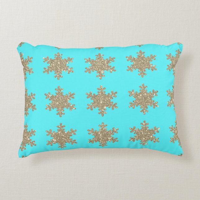 Glittery Gold Snowflakes Patterns Türkis Blau Dekokissen (Vorderseite)