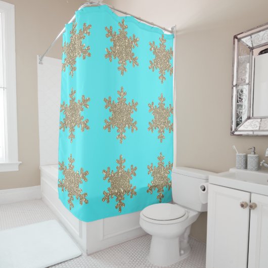 Glittery Gold Snowflakes Patterns Türkis Blau Duschvorhang (Beispiel)