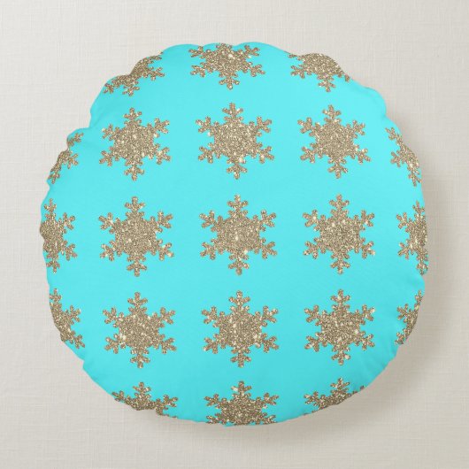 Glittery Gold Snowflakes Patterns Türkis Blau Rundes Kissen (Vorderseite)