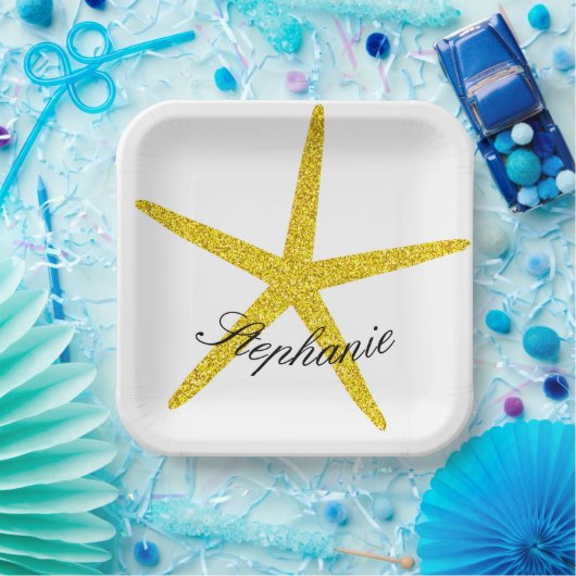 Glittery Gold Starfish Muster Individuelle Name El Pappteller (Party)