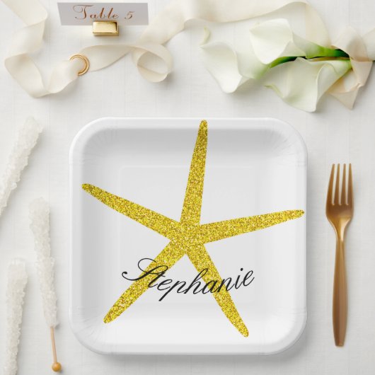Glittery Gold Starfish Muster Individuelle Name El Pappteller (Hochzeit)