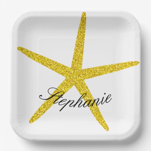Glittery Gold Starfish Muster Individuelle Name El Pappteller (Vorderseite)