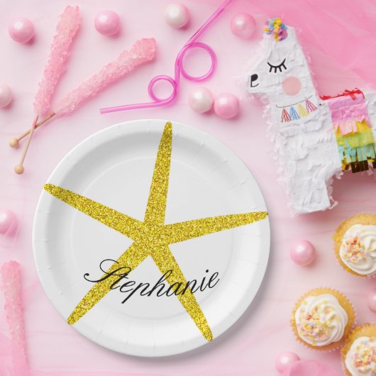 Glittery Gold Starfish Pattern Individuelle Name S Pappteller (Party)