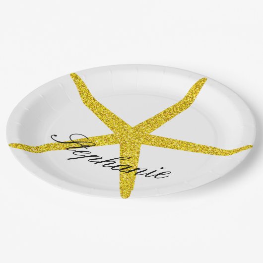Glittery Gold Starfish Pattern Individuelle Name S Pappteller (Schrägansicht)
