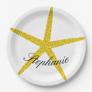 Glittery Gold Starfish Pattern Individuelle Name S Pappteller