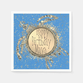 Glittery Gold Turtle on Blue Birthday Serviette