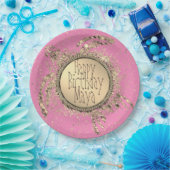Glittery Gold Turtle on Pink Birthday Paper Plate Pappteller (Party)