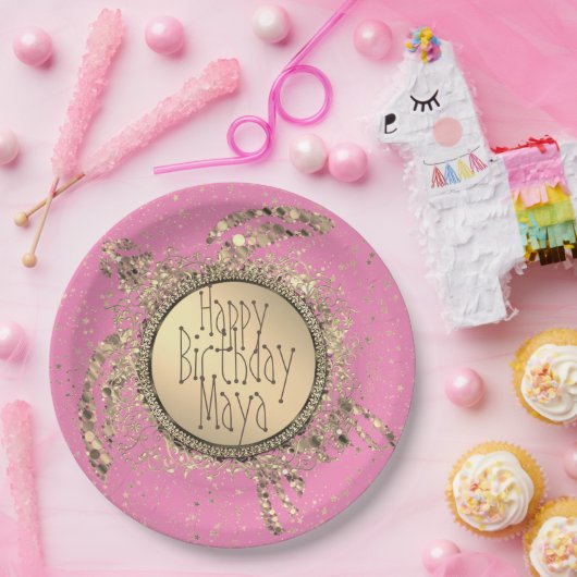 Glittery Gold Turtle on Pink Birthday Paper Plate Pappteller (Party)