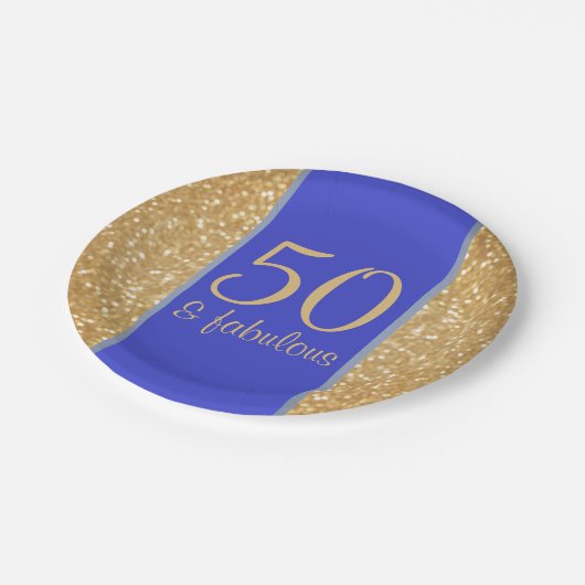 Glittery Gold und Blue 50 & Fabulous 50. Geburtsta Pappteller (Schrägansicht)