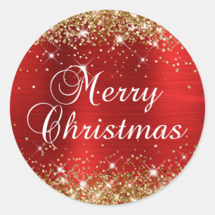 Glittery Gold und Red Foil Frohe Weihnachten Runder Aufkleber