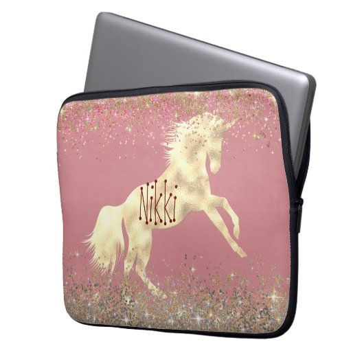 Glittery Gold Unicorn Laptopschutzhülle (Vorderseite Links)