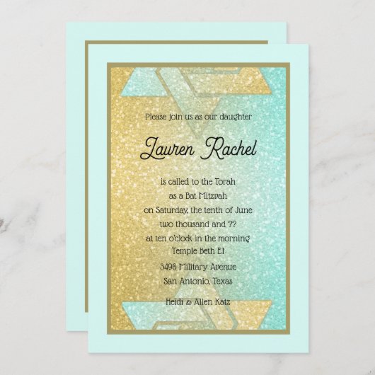 Glittery Gradient Bat Mitzvah Aqua Gold Einladung (Vorne/Hinten)