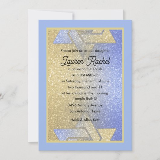 Glittery Gradient Bat Mitzvah Blauer Einladung (Vorderseite)