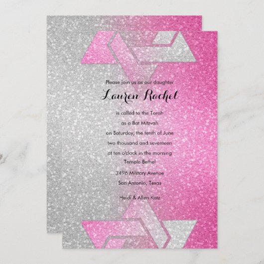 Glittery Gradient Bat Mitzvah Hot Pink Einladung (Vorne/Hinten)