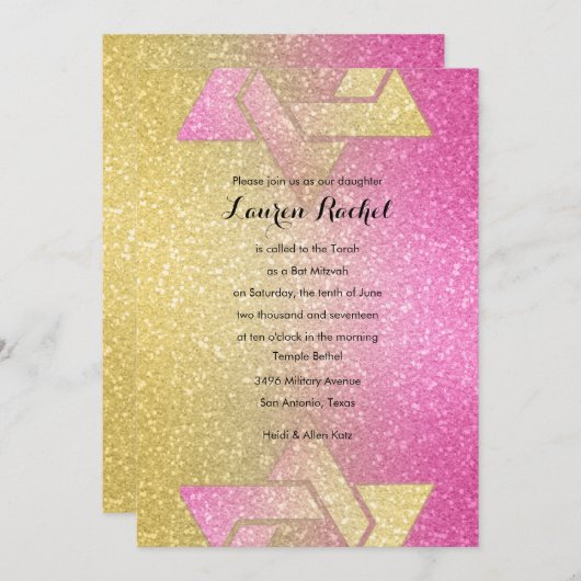 Glittery Gradient Bat Mitzvah Hot Pink Einladung (Vorne/Hinten)
