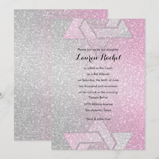 Glittery Gradient Bat Mitzvah Pink Einladung (Vorne/Hinten)