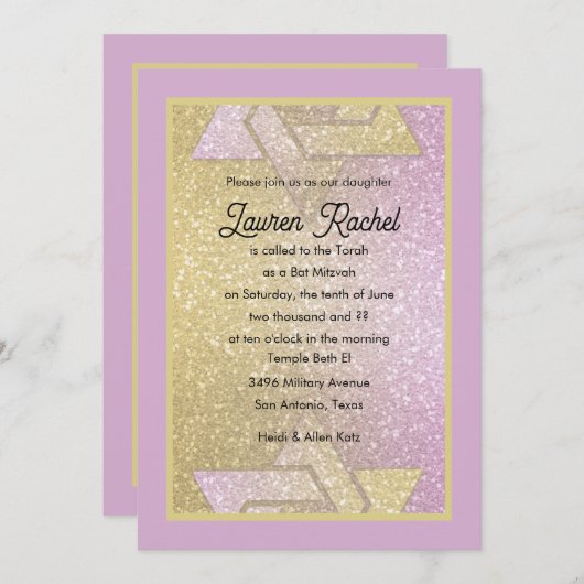 Glittery Gradient Bat Mitzvah Pink Gold Einladung (Vorne/Hinten)