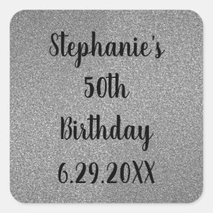 Glittery Gray Silver Custom Happy Birthday Name Quadratischer Aufkleber