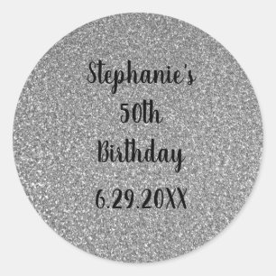 Glittery Gray Silver Custom Happy Birthday Name Runder Aufkleber