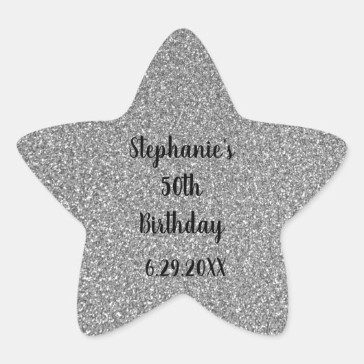 Glittery Gray Silver Custom Happy Birthday Name Stern-Aufkleber (Vorderseite)
