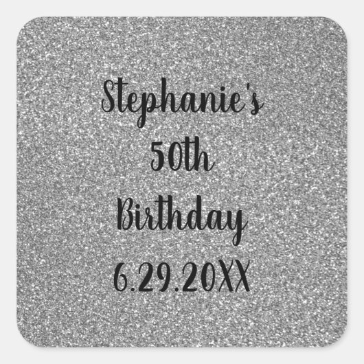 Glittery Gray Silver Happy Birthday Name Custom Quadratischer Aufkleber (Vorderseite)