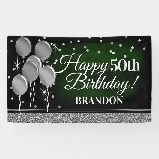 Glittery Green und Silver Happy Birthday Banner (Horizontal)