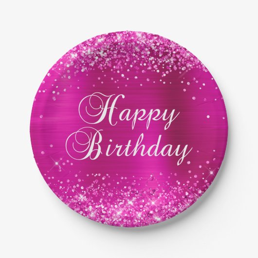 Glittery Hot Pink Foil Happy Birthday Pappteller (Vorderseite)