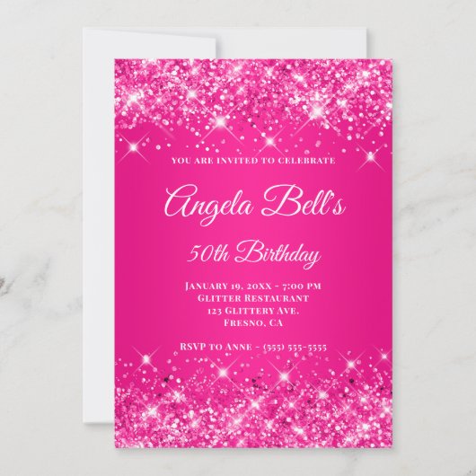 Glittery Hot Pink Ombre Extravagant Monogram Einladung (Vorderseite)