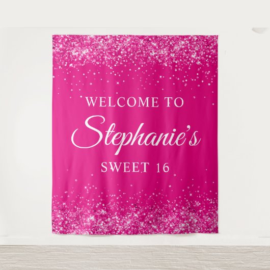 Glittery Hot Pink Sweet 16 Geburtstag Willkommen Wandteppich (Vorderseite)